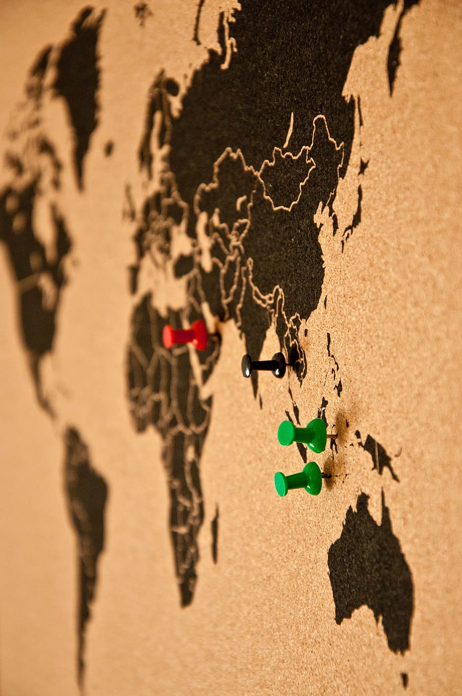 papan pin, papan buletin, peta dunia, dinding plug-in, pin, dinding gabus, perjalanan keliling dunia, asia, pasir, tanah