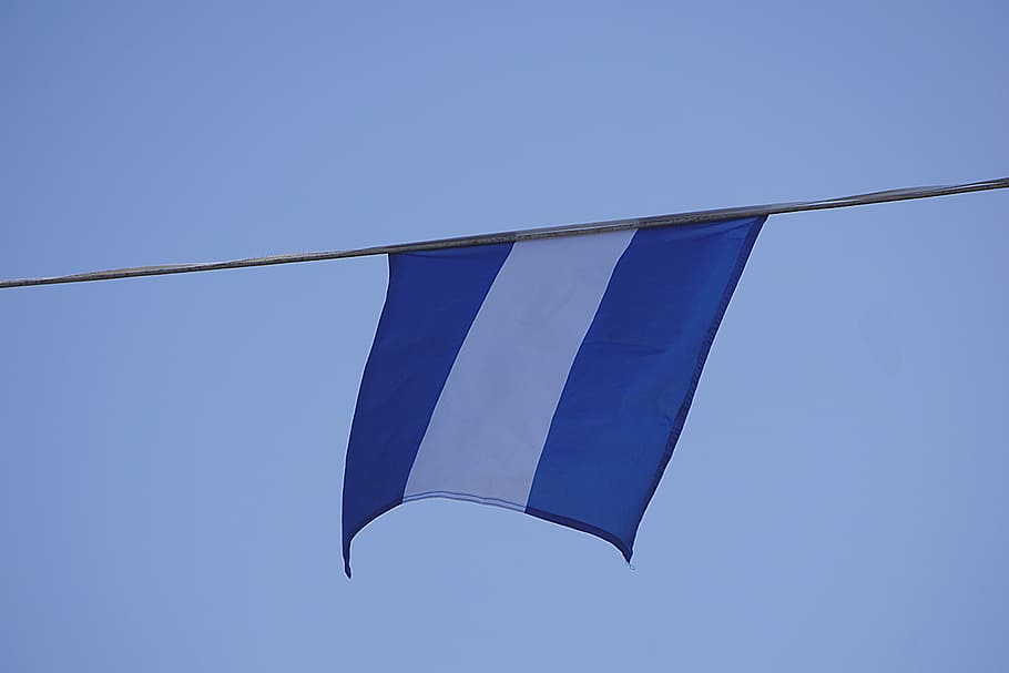 flag, blue, white, cable, hung, sky, stripe, clear sky, copy space, hanging