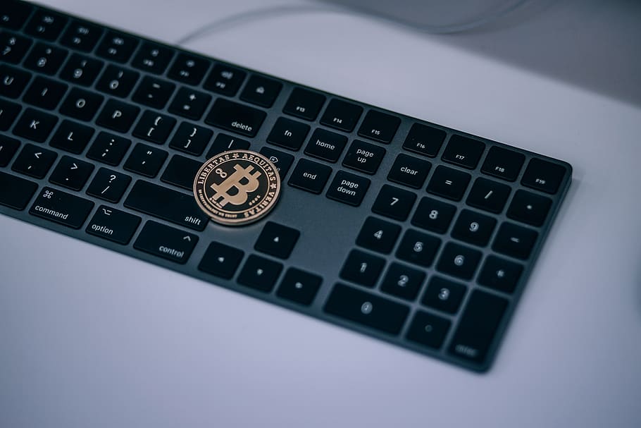 físico, dourado, bitcoin de criptomoeda, colocado, em cima, preto, teclado apple, tecnologia, teclado, equipamento de computador