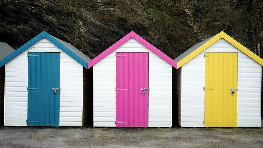 casas, miniatura, minúsculo, cores, madeira, azul, rosa, amarelo, arquitetura, cabana de praia