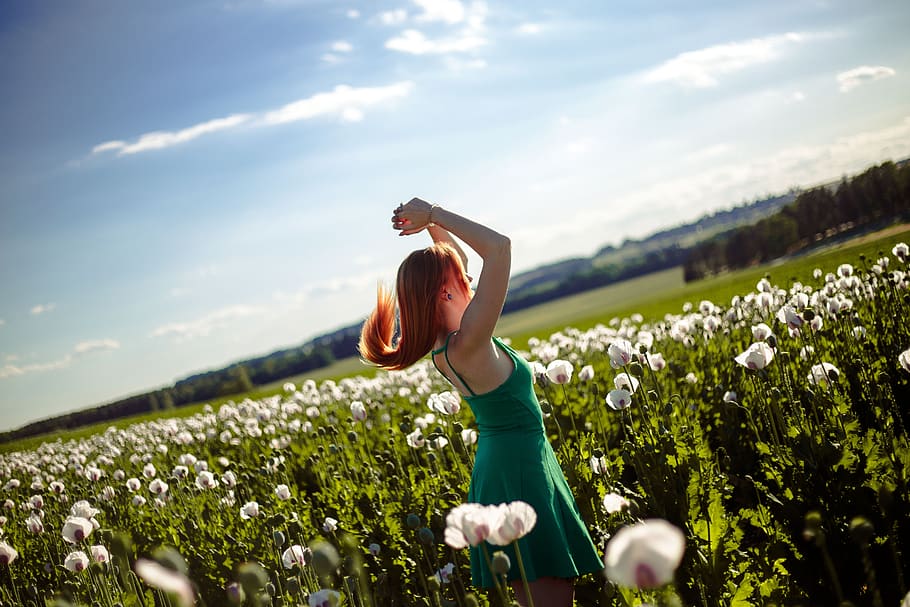 girl, redhead, field, plant, one person, flowering plant, sky, leisure activity, young adult, nature