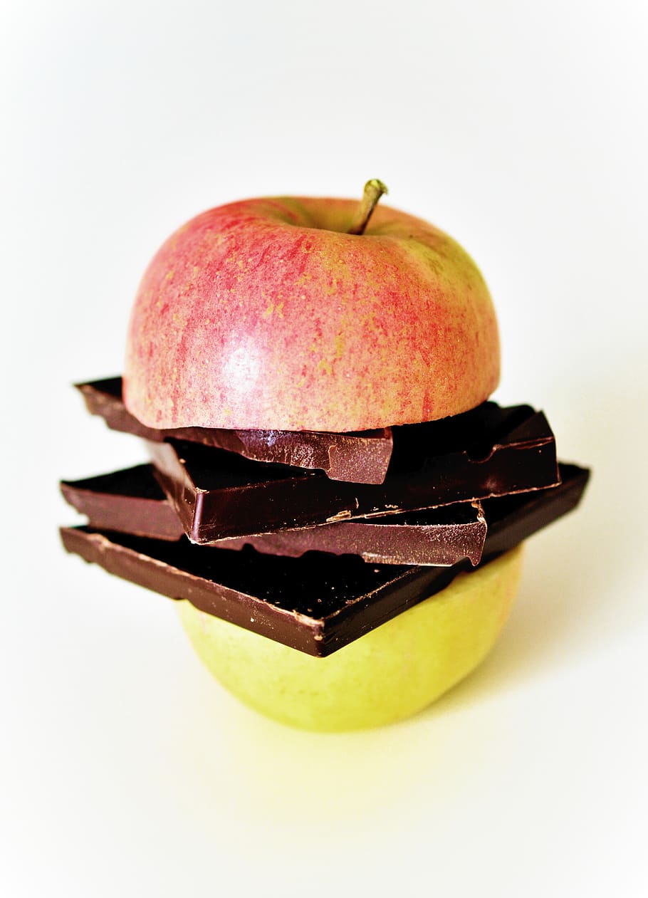 apple, sliced, apple halves, chocolate, fruit, food, nutrition, health, eat, vitamins