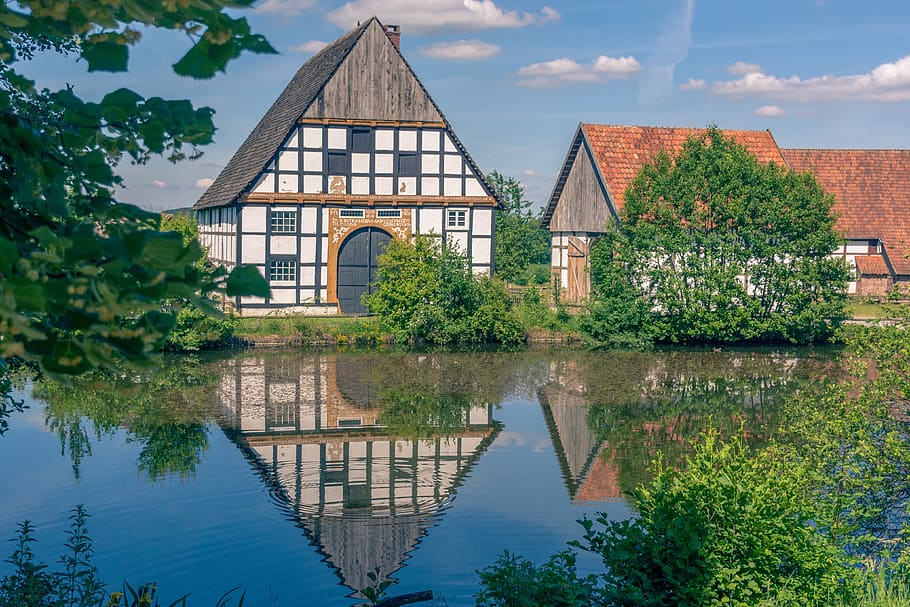 houses, half-timbered houses, village, timber-framed, water, reflection, built structure, architecture, building exterior, plant