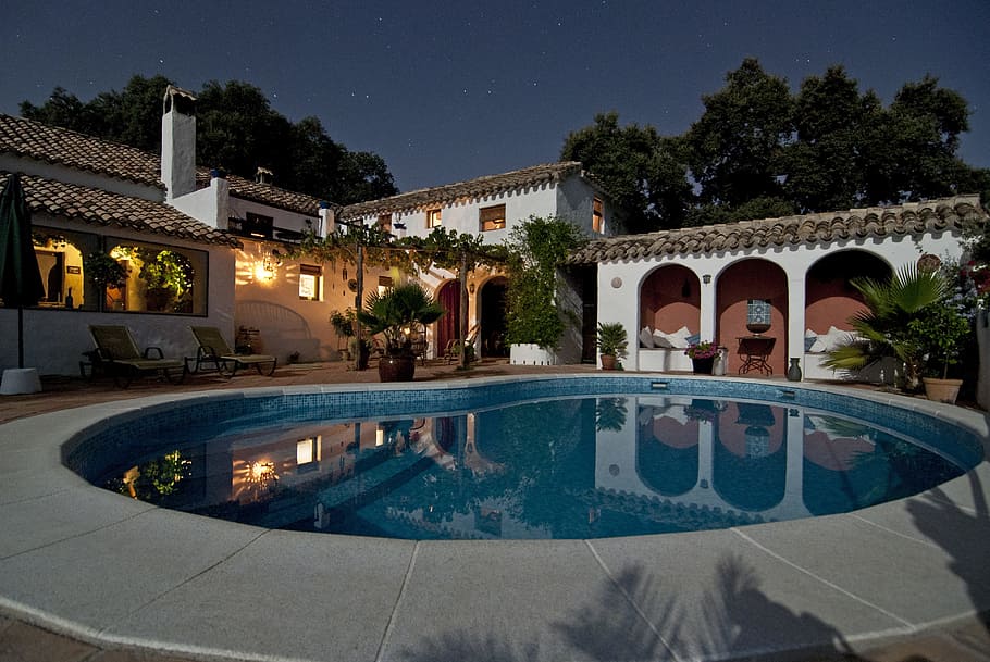 pool, backyard, villa, house, arches, roof, rich, stars, night, chairs