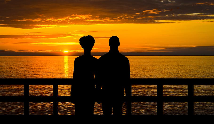 matahari terbenam, berdiri, pasangan, -, ilustrasi foto, romantis, cinta, adegan, pria, wanita