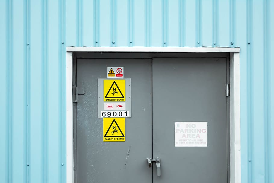 danger, warnings, signage, door, steel, numbers, grey, blue, communication, sign