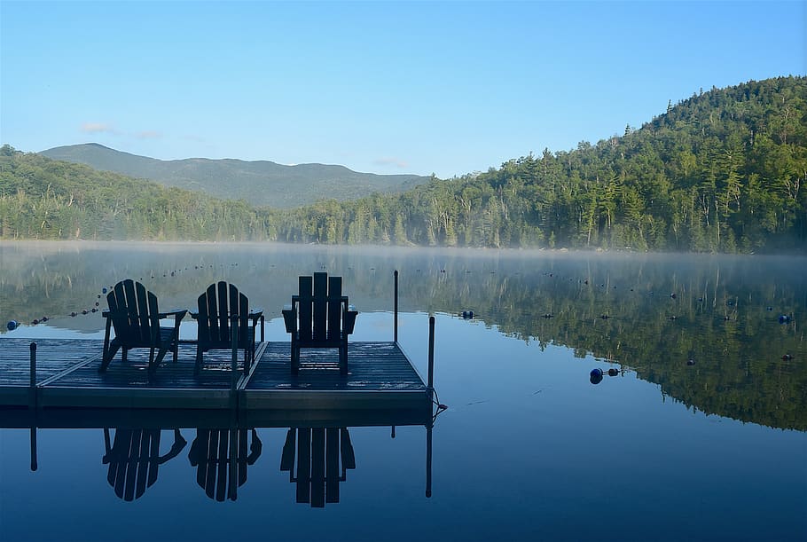 lake, summer, landscape, nature, water, reflection, morning, dock, chairs, adirondack