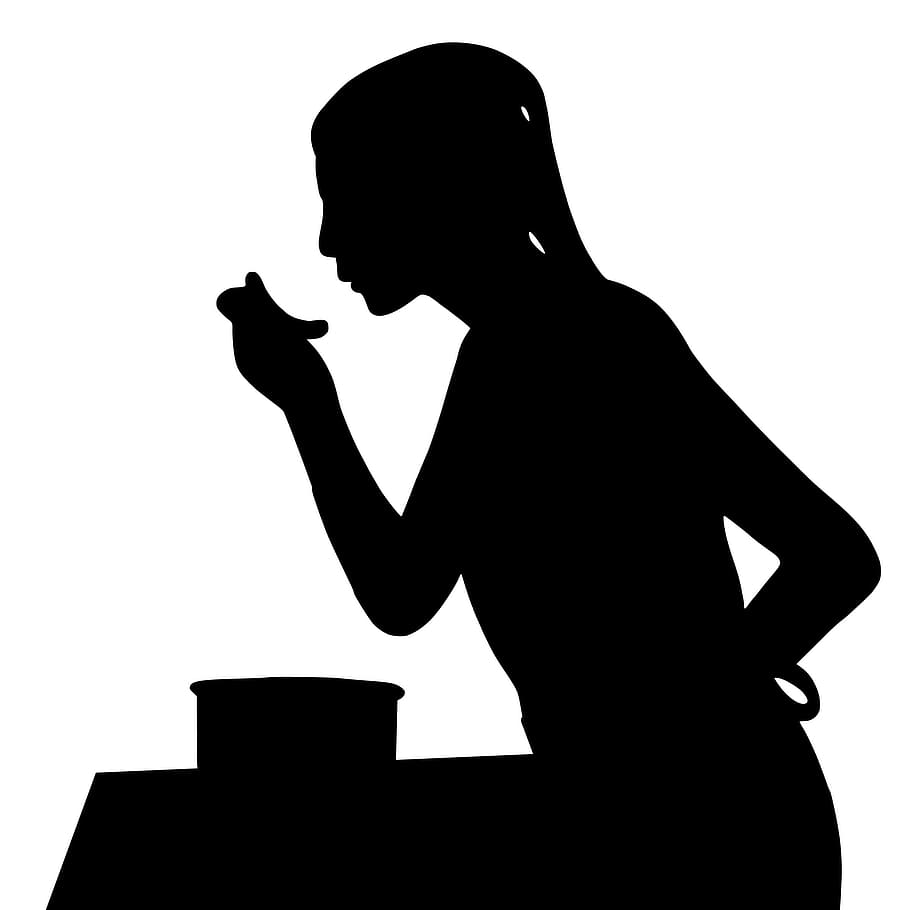 silhouette, woman, taking, bite, food., cooking, tasting, food, kitchen, housewife