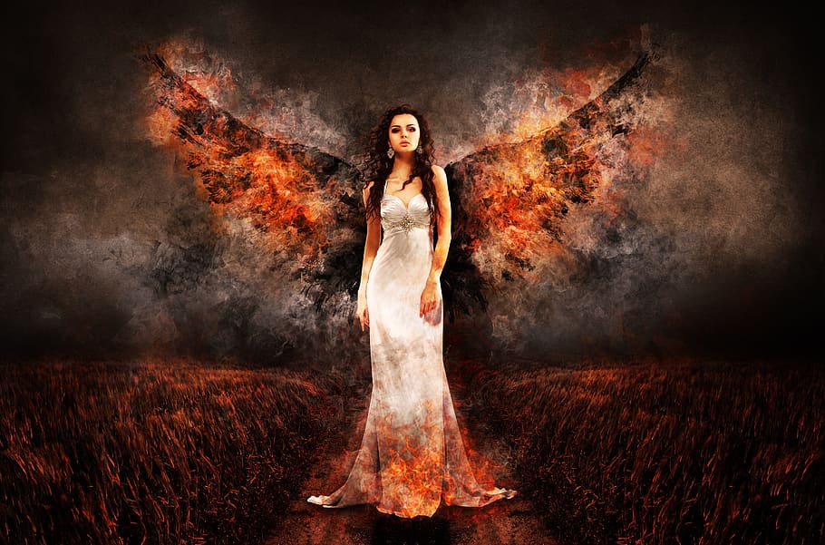 ángel, la bruja, infierno, arcángel, luzifer, mujer, ala, hembra, cara de ángel, fuego
