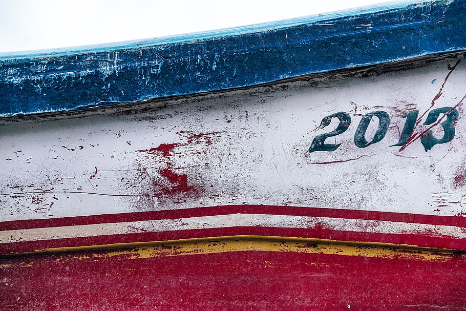 aged, blue, board, boat, close-up, damaged, detail, dirty, distressed, exterior