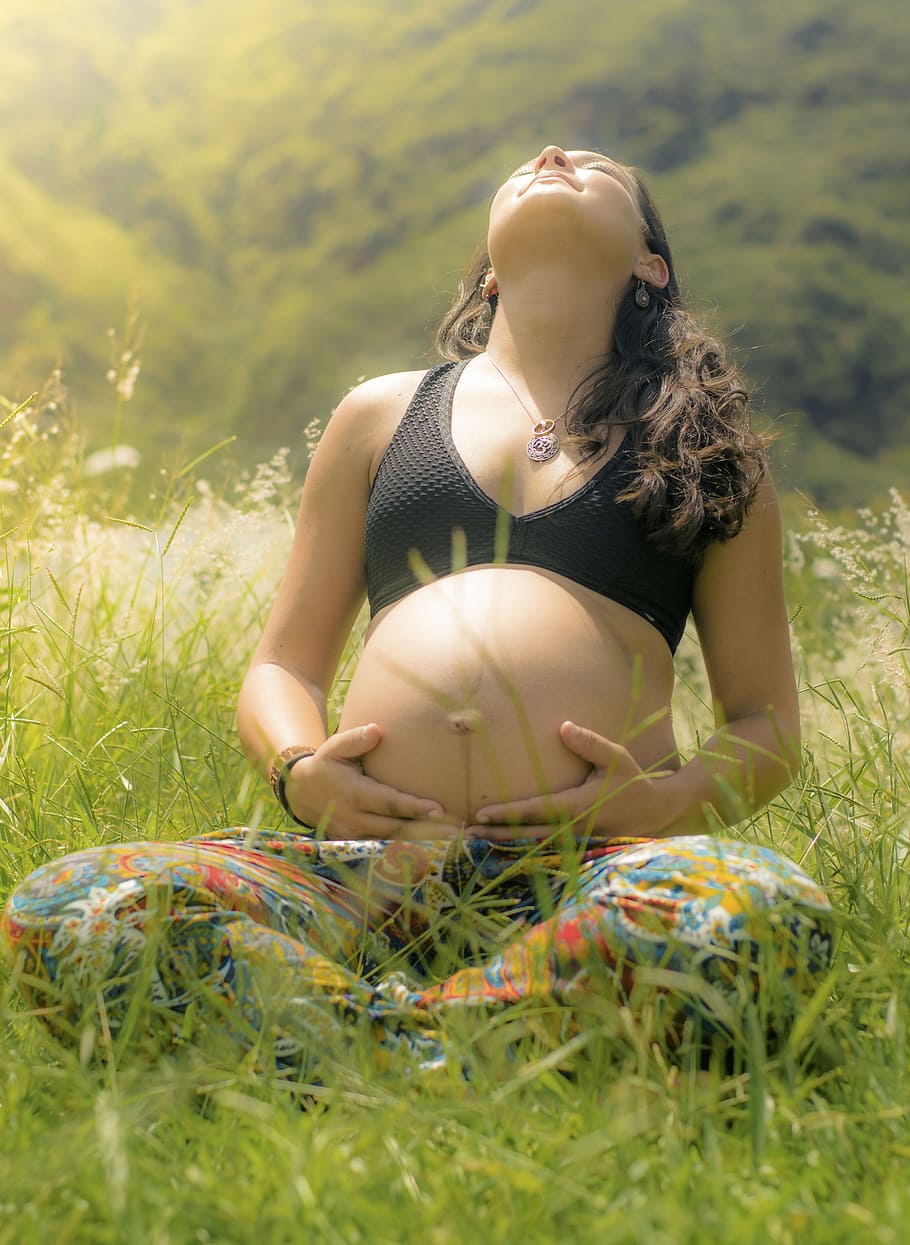 people, woman, pregnant, mother, baby, kid, nature, green, grass, sun