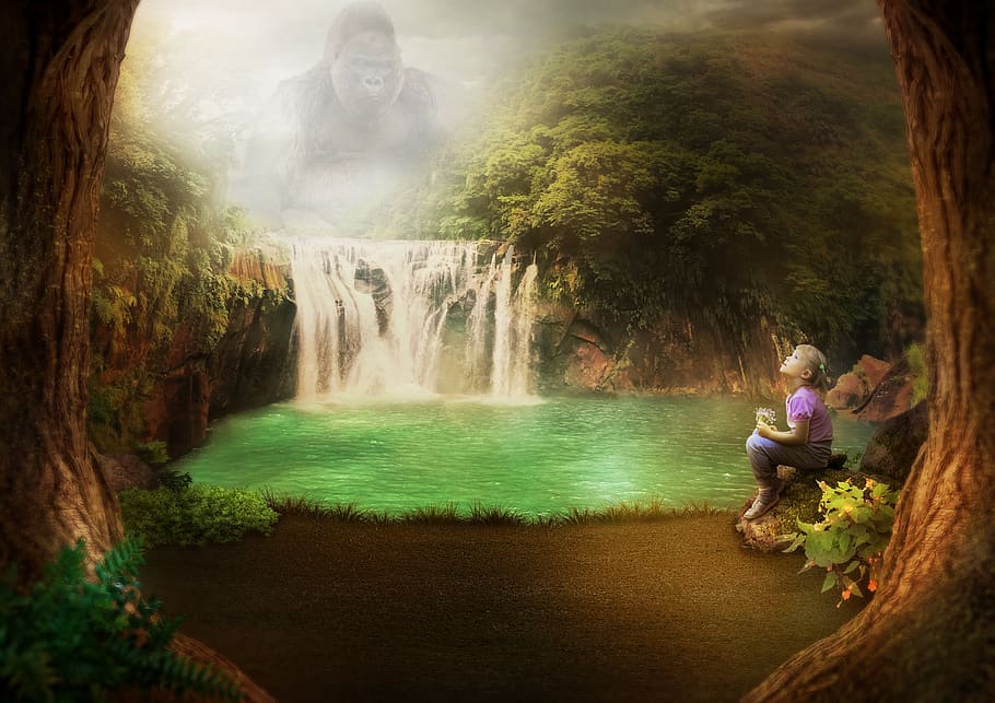 gorilla, girl, waterfall, jungle, trees, lake, flowers, mountains, plant, fog