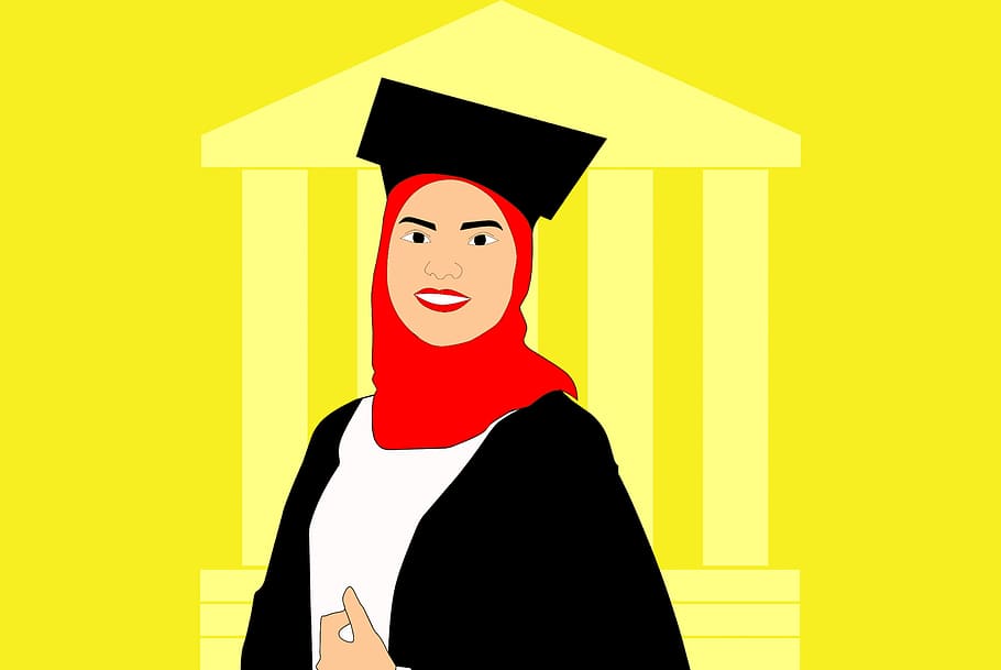 ilustração, graduação, boné, vestido, menina, graduados, celebração, educação, faculdade, universidade