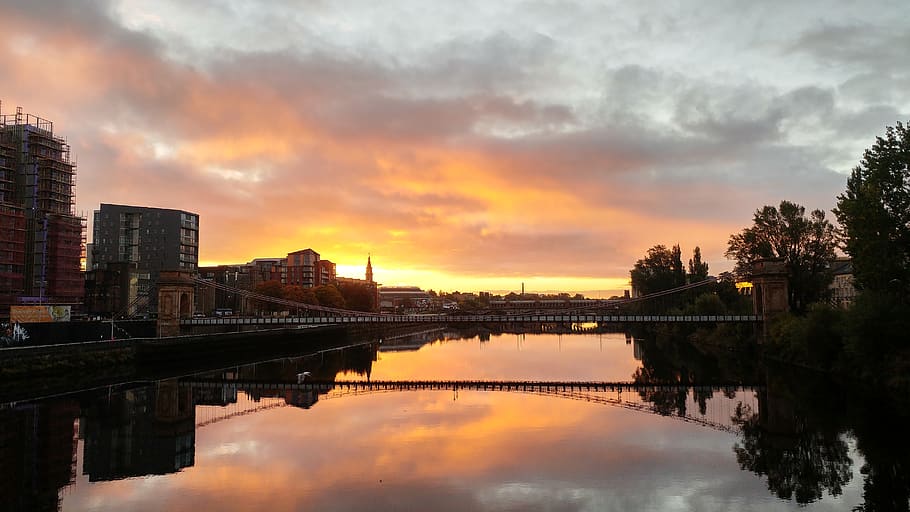 sunrise, river, scotland, riverside, city, water, clyde, glasgow, sky, reflection