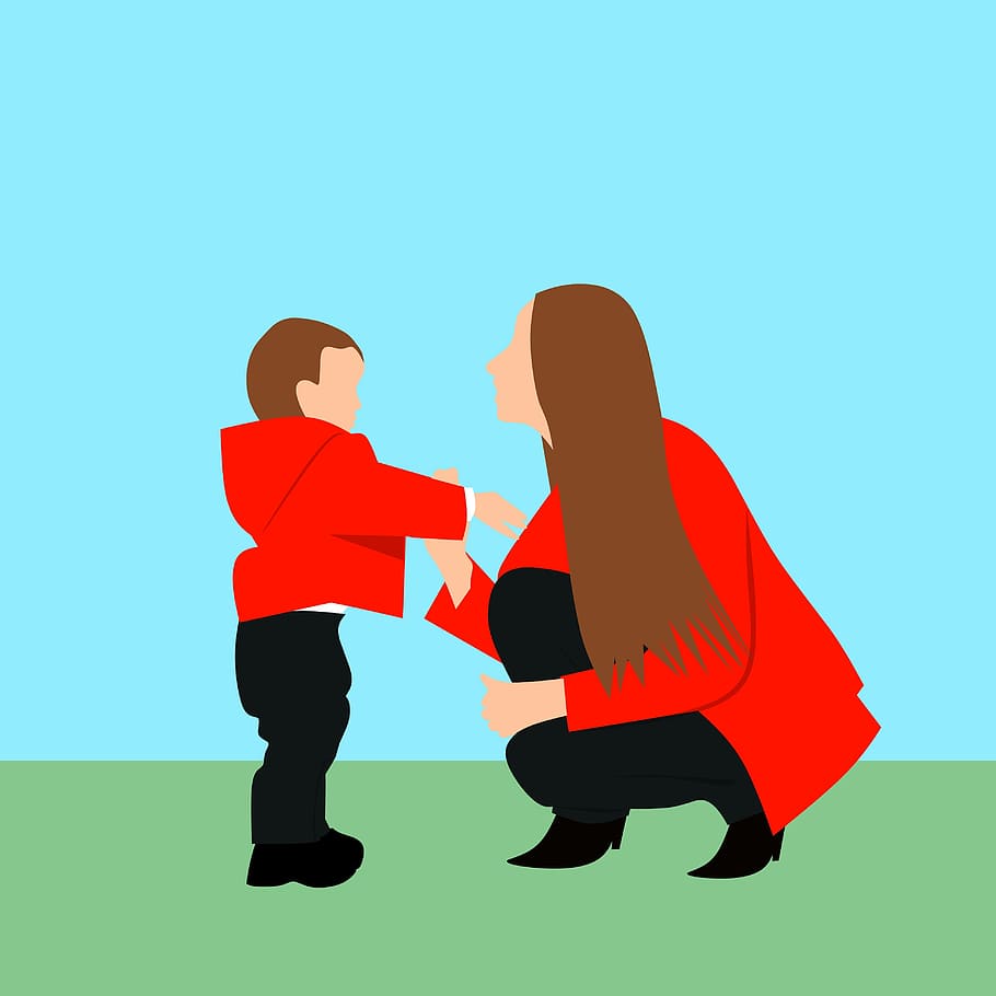 Ilustración, mujer, niño, rojo, abrigos, al aire libre., día de la madre, madre con bebé, mamá, madre e hijo