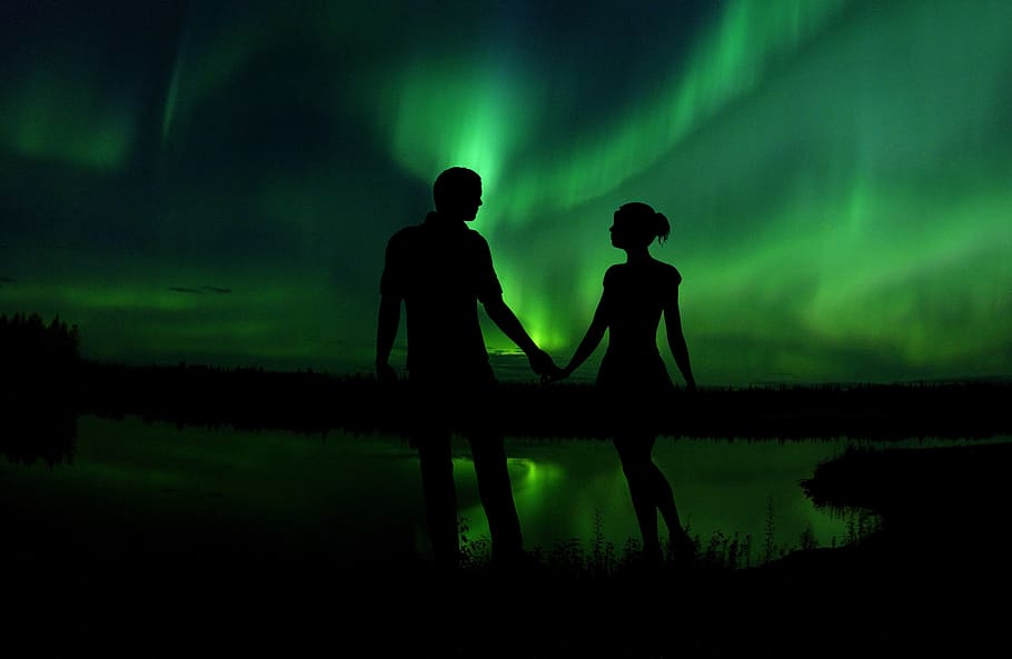 aurora, boreale, pasangan, langit, ruang, alam, suasana, fenomena, penuh warna, romantis