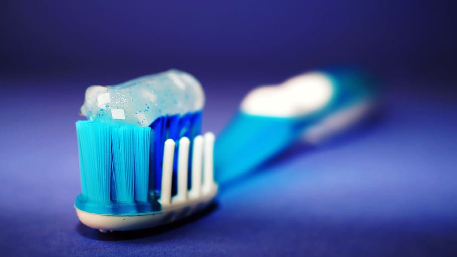 cepillo de dientes, pasta dental, higiene, azul, hebra, gel, mentol, en el interior, tiro del estudio, primer plano