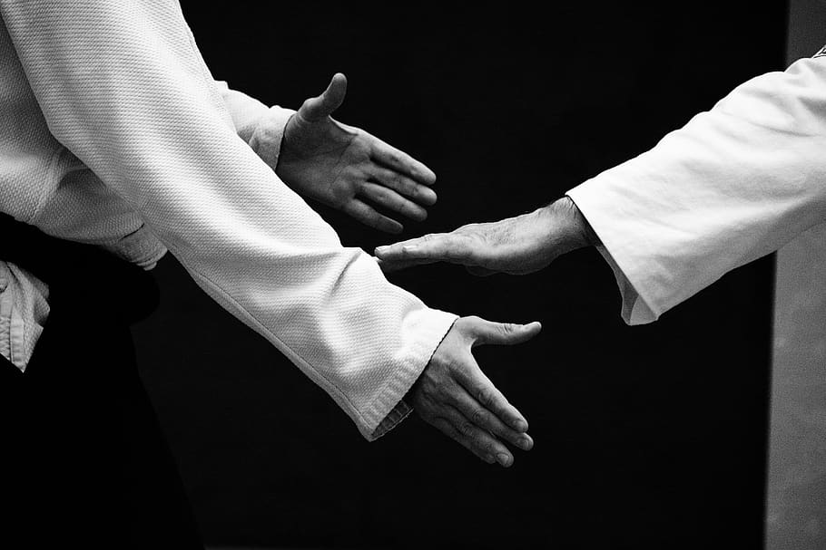 aikido, autodefesa, treinamento, mão, duas pessoas, mão humana, parte do corpo humano, homens, barriga, pessoas