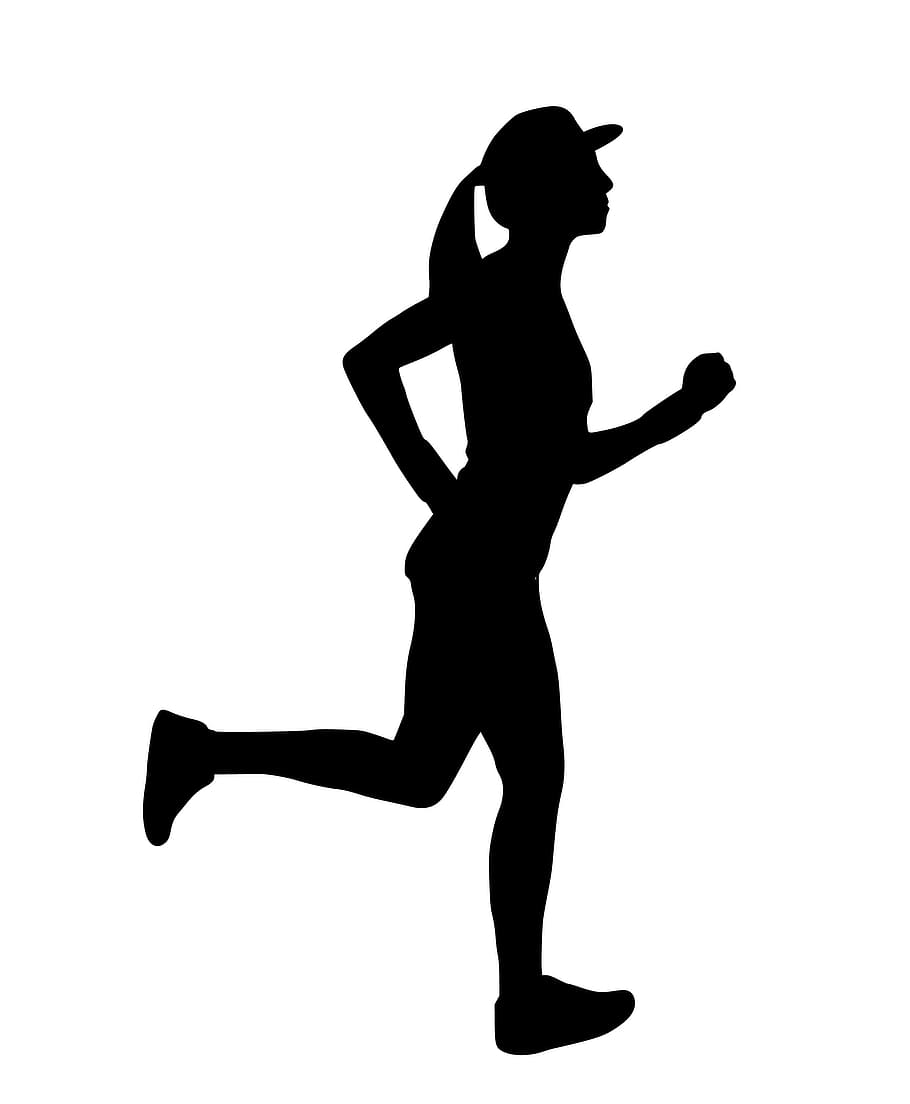 Ilustración de la silueta, mujer, correr, trotar., niña corriendo, silueta, velocista, activo, competencia, ejercicio