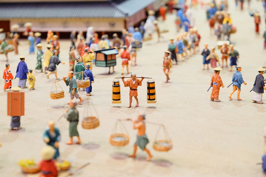 figura, miniatura, japão, história, pessoas, rua movimentada, foco seletivo, arte e artesanato, grande grupo de objetos, representação humana