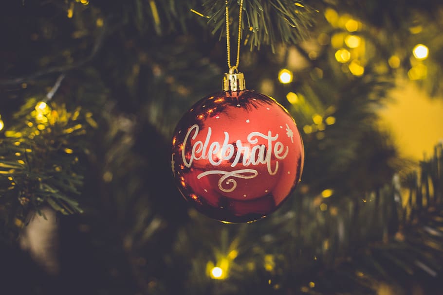 celebrar, bokeh, navidad, chuchería, bolas de navidad, decoración, árbol, amor, rojo, amarillo