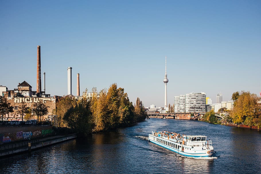 boat, river, berlin, city buildings, background, architecture, bridge, germany, ride, sky