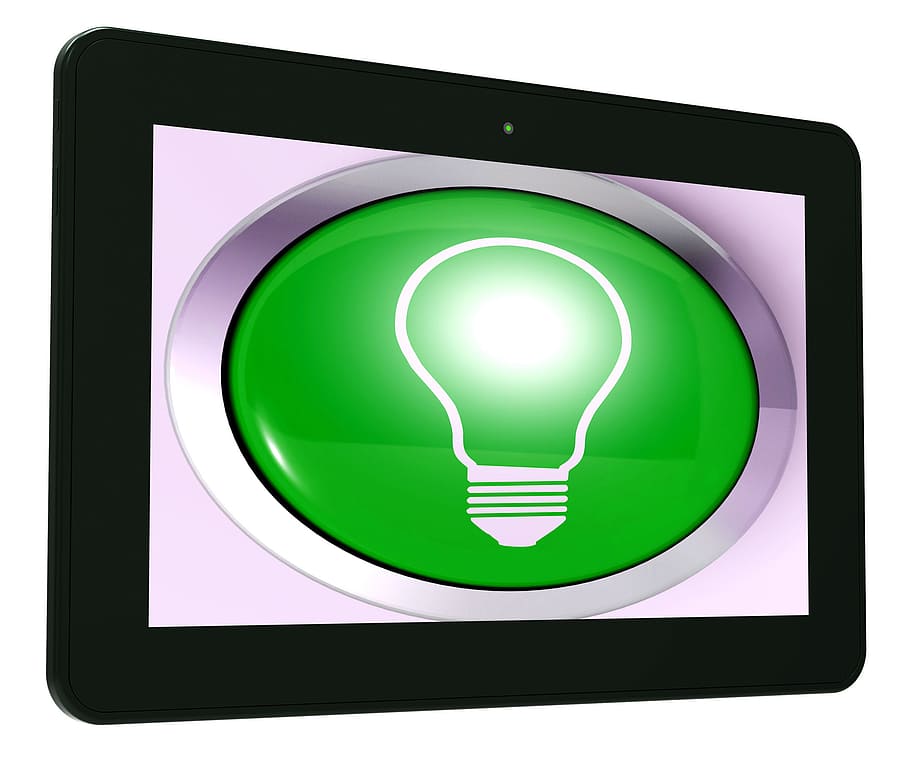 arti bola lampu tablet, cerah, inovasi ide, penemuan, bola lampu, tombol, kreatif, kreativitas, ide, inovasi