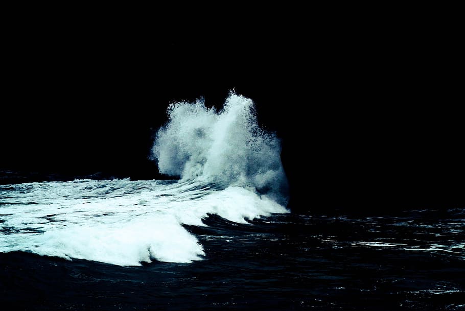 nature, water, crashing, waves, ocean, blue, sea, black, dark, motion