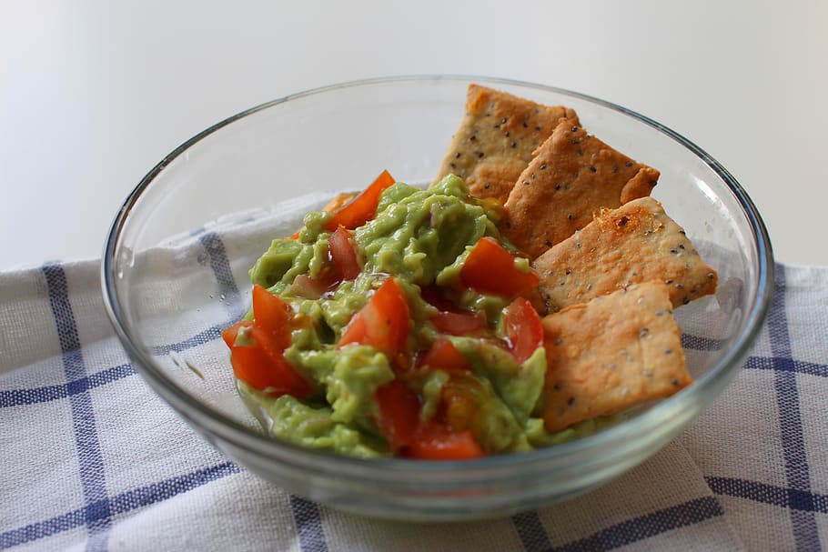 guacamole, avocado, food, cracker, snack, food and drink, healthy eating, indoors, ready-to-eat, fruit