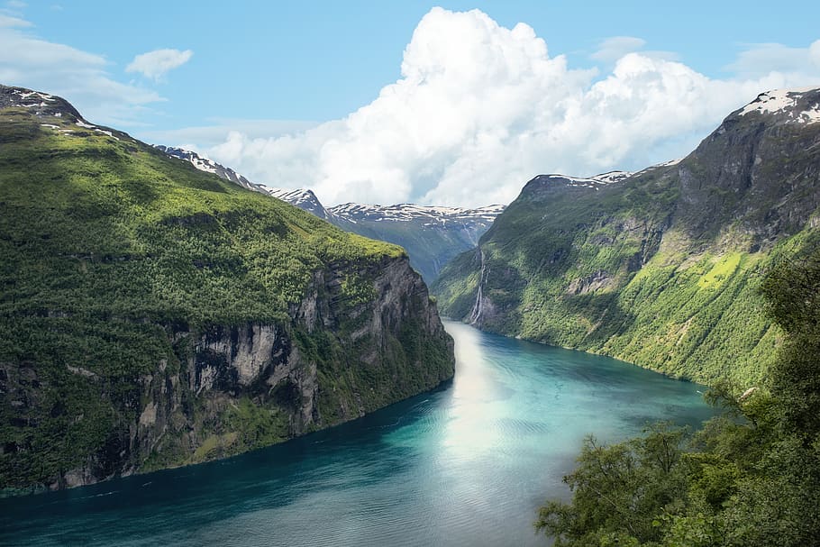 fjord, norway, mountain, landscape, panorama, sea, scenics - nature, beauty in nature, water, cloud - sky