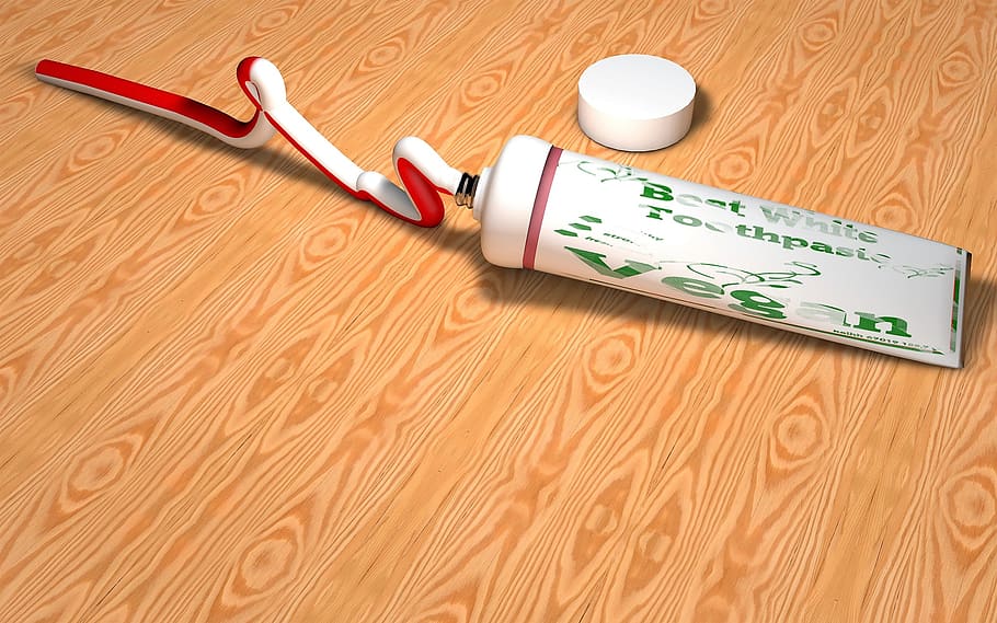 toothpaste, tube, dental care, hygiene, red, dental hygiene, clean, indoors, wood - material, table