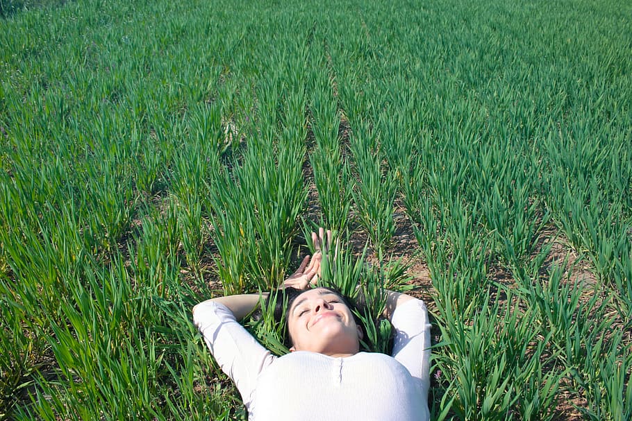 woman, white, top, laying, back, hands, head, grass, 20-25 Years, Eyes Closed