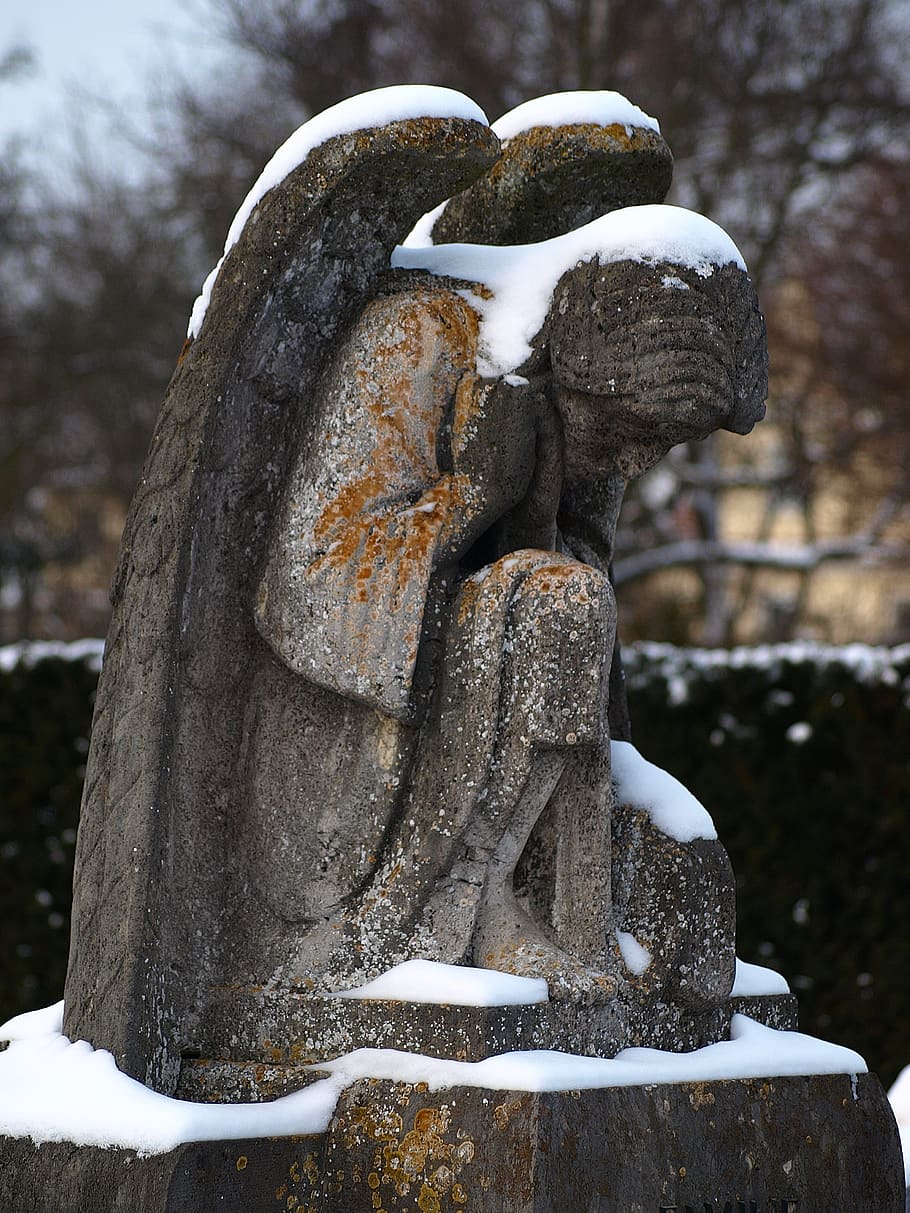 gravestone, grave, funeral, graveyard, cemetery, tombstone, angel, stone, sculpture, snow