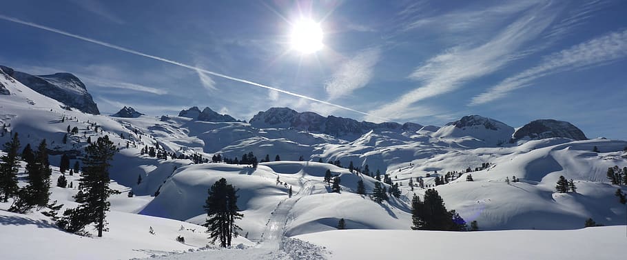 dachstein, winter, panorama, snow, austria, landscape, mountains, sky, cold temperature, scenics - nature