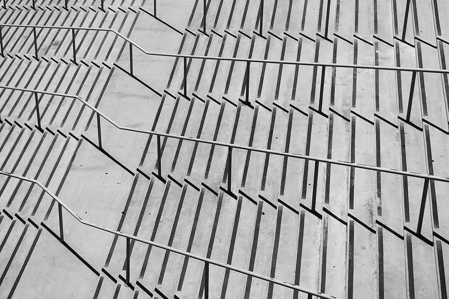stairs, steps, concrete, architecture, railings, black and white, backgrounds, full frame, pattern, design