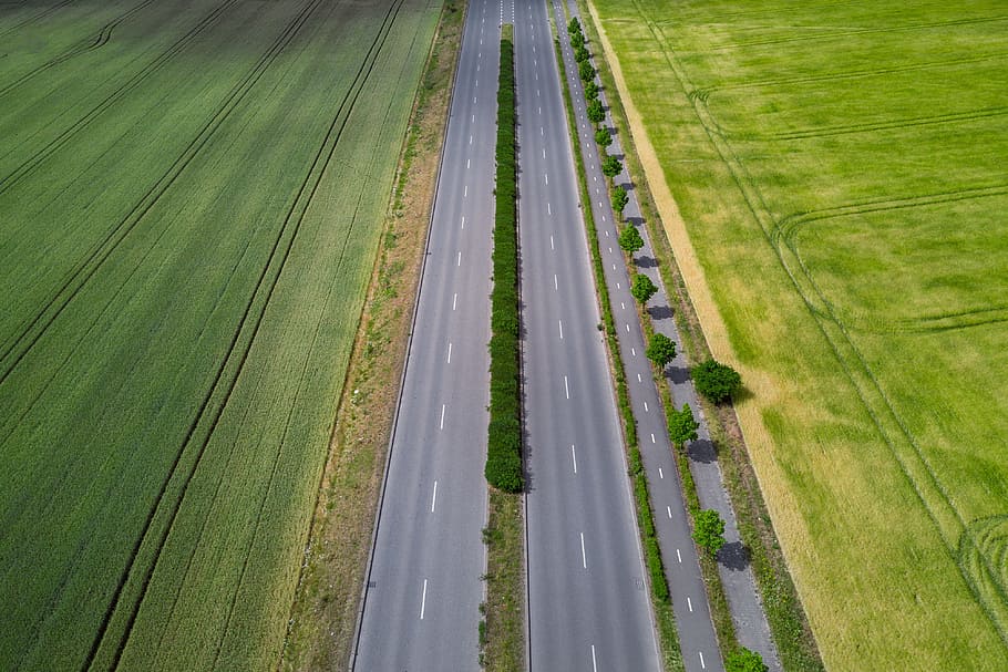 aerial, view, highway, field, summer, green color, plant, land, agriculture, high angle view