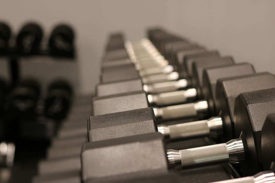 weights, dumbbells, exercise, gym, workout, equipment, indoors, close-up, in a row, selective focus
