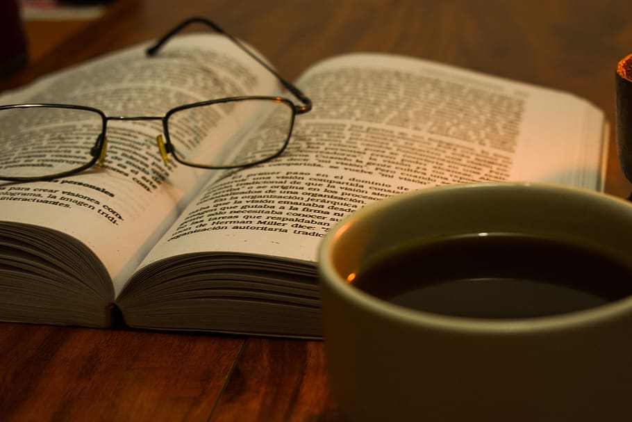 lenses, book, reading, sunglasses, light, coffee, publication, paper, open, cup
