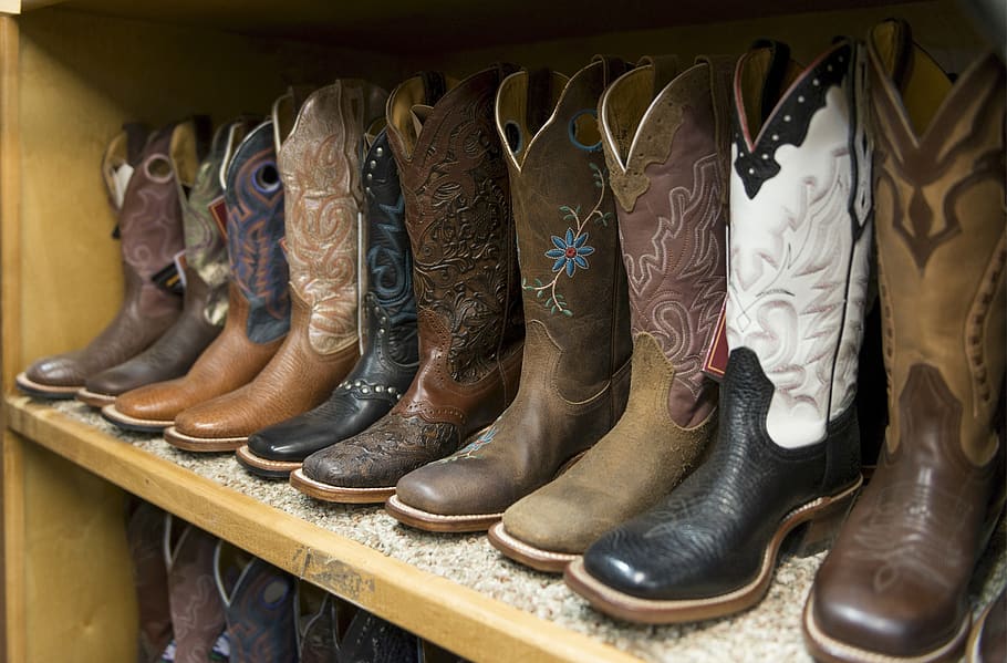 cowboy boots, shelves, styles, shoe, boot, store, business, craft, display, leather