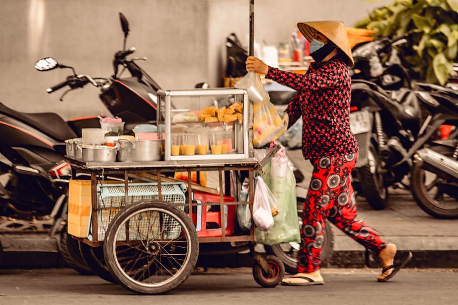 vendor, street, food, people, sell, mode of transportation, real people, land vehicle, transportation, one person
