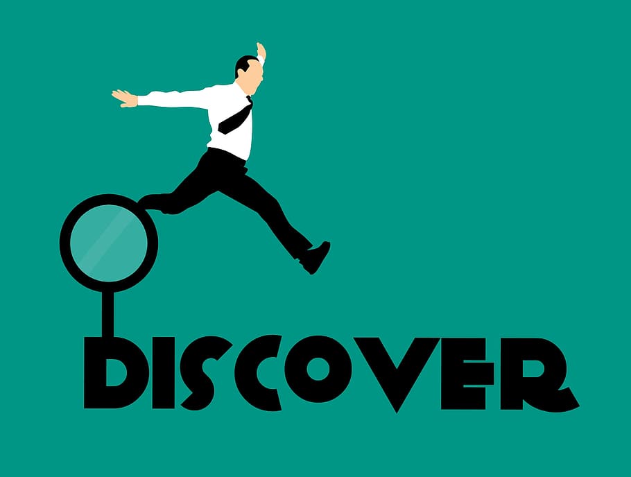 illustration, man, business suit, jumping, magnifying, glass, word, discover., knowledge, discover