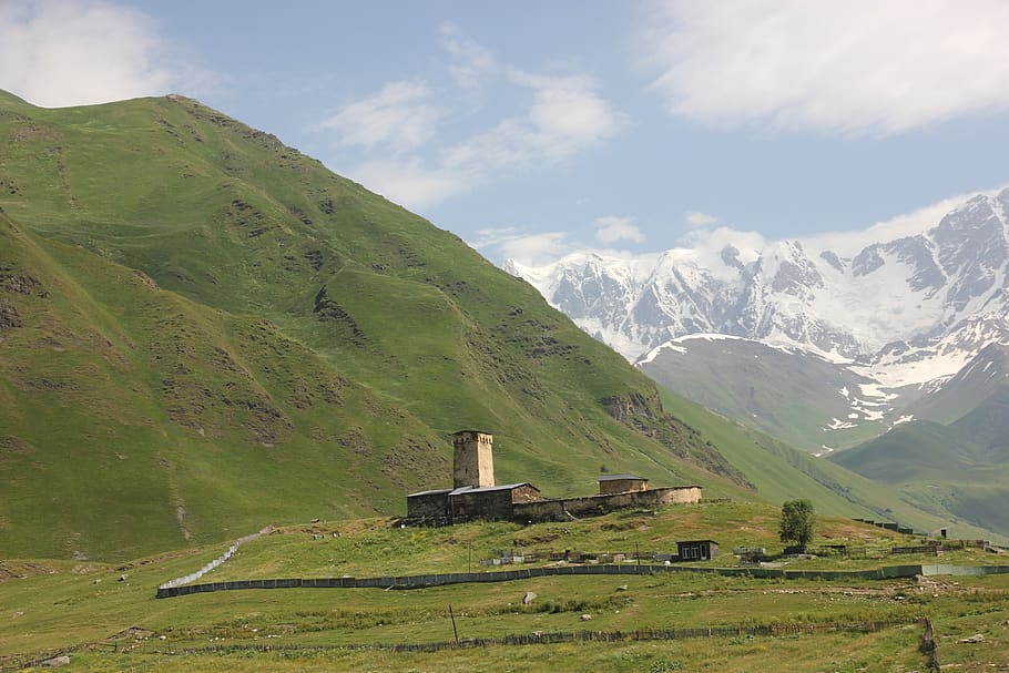 ushguli, georgia, mountains, shkhara, mountain, scenics - nature, landscape, sky, beauty in nature, environment