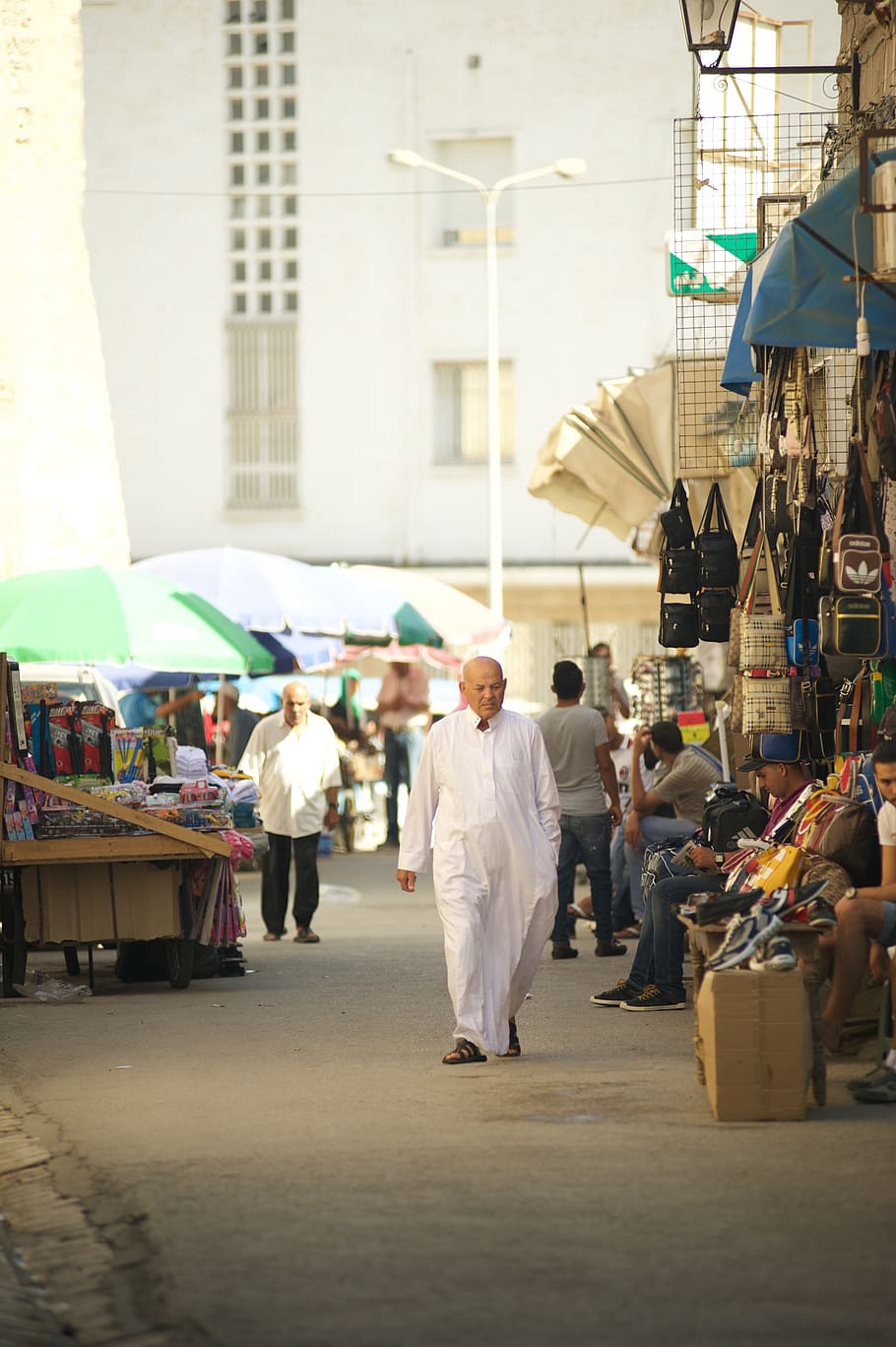 tunisia, market, man, goes, muslims, seller, buyer, bags, goods, tents