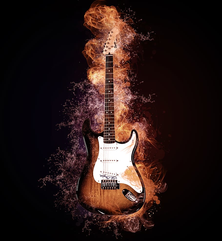 water, fire, guitar, flames, music, instrument, rock, electric, hot, cold