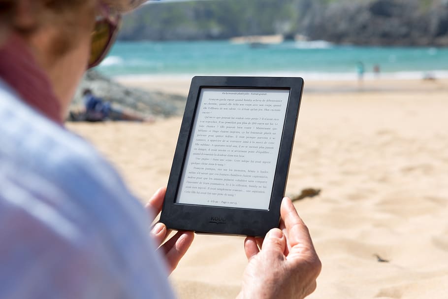 baca, buku, wanita, tangan, kobo, lampu baca, digital, musim panas, pantai, lautan