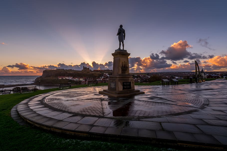 captain cook, statue, whale bones, whitby, harbour, sunrise, yorkshire, whitby abbey, church, stone floor