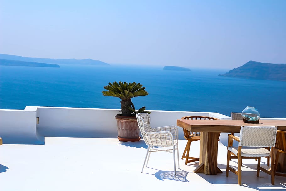 mar, verão, café, cadeira, agua, mesa, assento, paisagens - natureza, céu, beleza natural