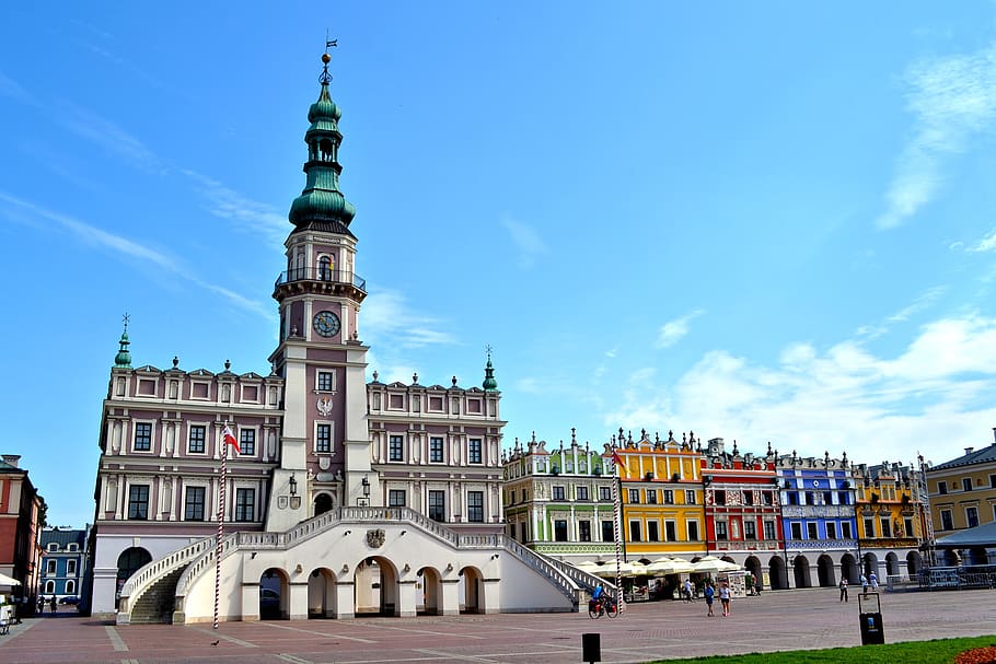 poland, rynek, zamość, monuments, terraced houses, monument, building exterior, architecture, built structure, sky