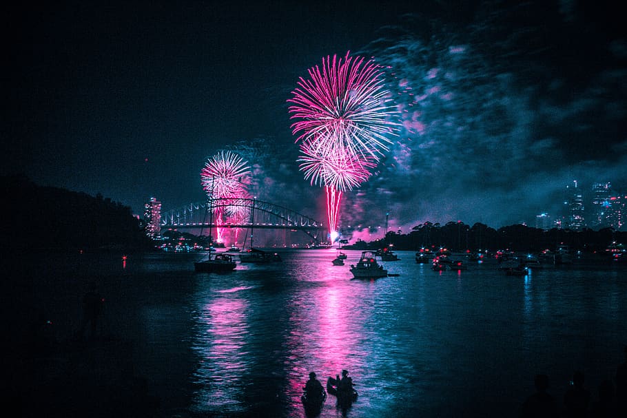 fireworks, harbour, blue, pink, night, celebration, harbor, water, reflections, bridge