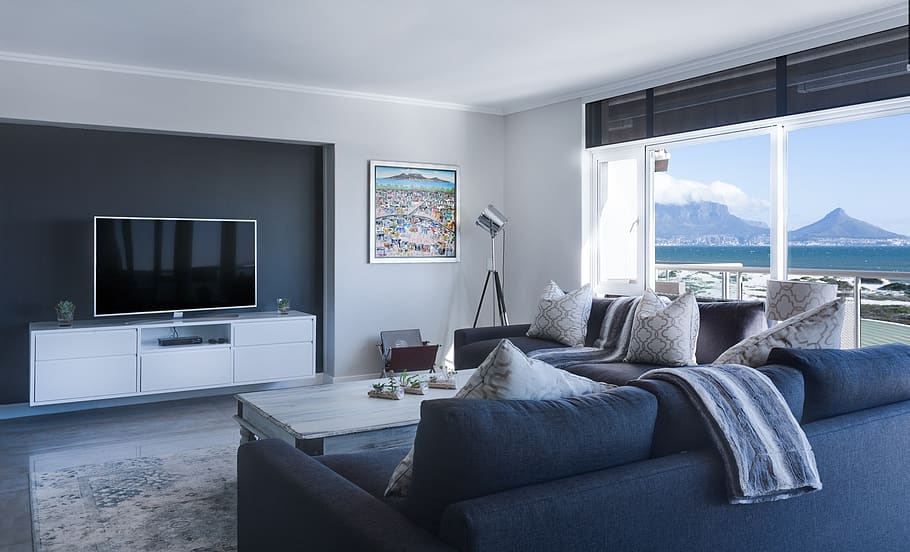 lounge minimalis modern, pemandangan laut, jendela, teluk meja, mangkuk kota tanjung, kontemporer, di dalam ruangan, di dalam, interior, desain interior